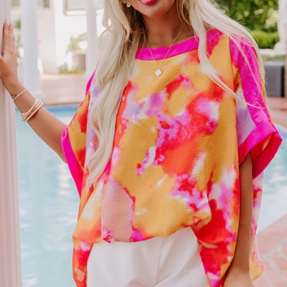 Impressions Tops - COLORFUL OVERSIZED WATERCOLOR PRINT BOHO FAUX TUCK RESORT FLOWY CAFTAN TOP OS